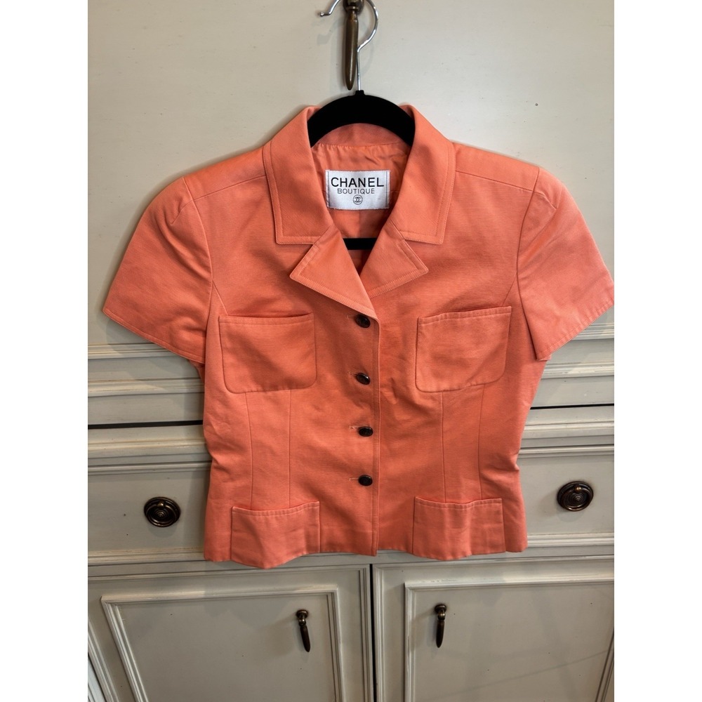 Chanel Vintage Short Sleeve Orange Salmon Button Up Collard Blouse Small